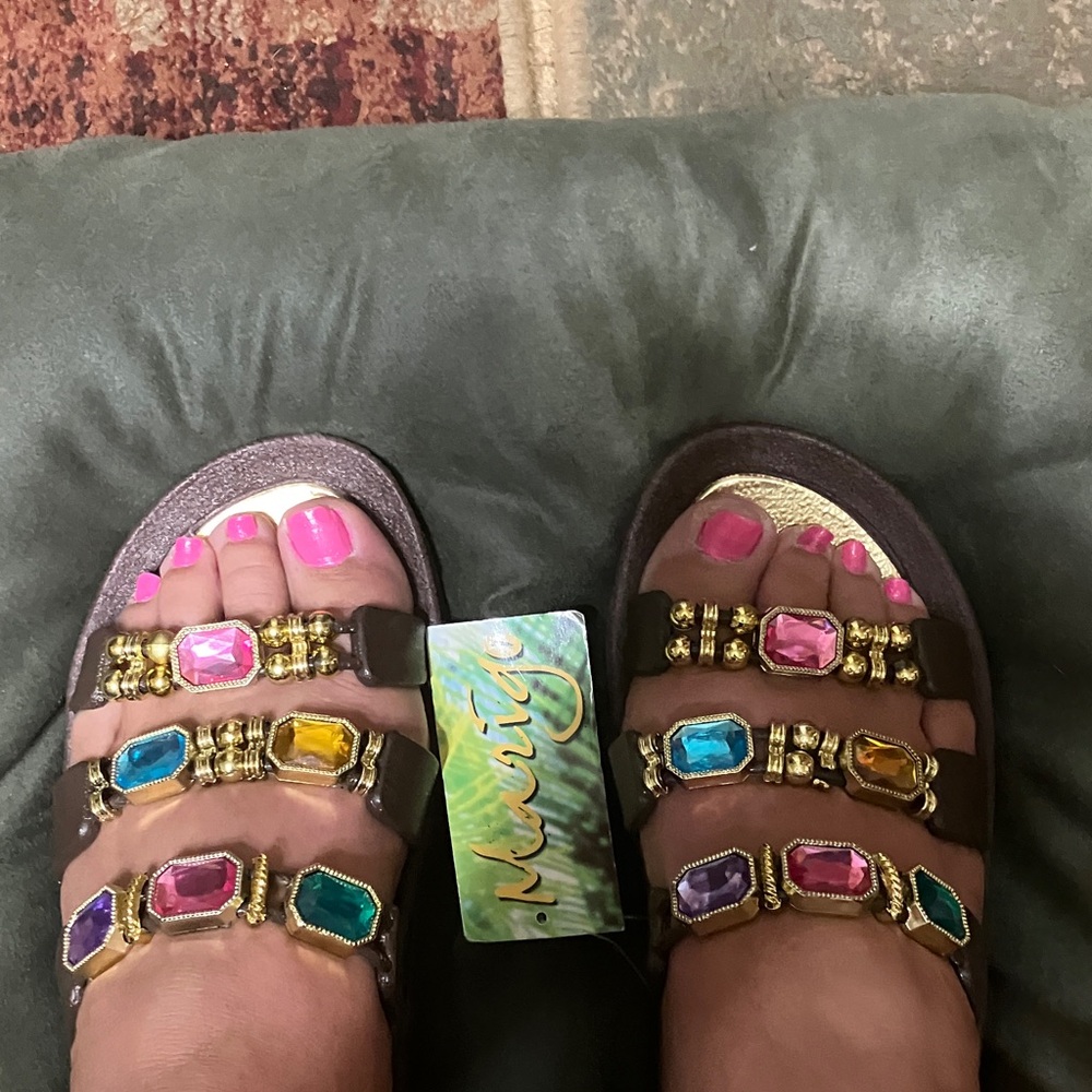 Woman’s slide sandals, brown with multicolor jewels